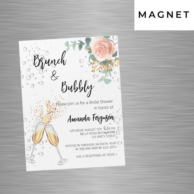 Invitation Magnétique Rose Gold Floral Brunch Fête des mariées Bubbly (Créateur téléchargé)