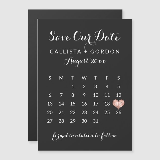Invitation Magnétique Rose noir Calendrier Gold Heart Enregistrer la dat (Devant / Derrière)