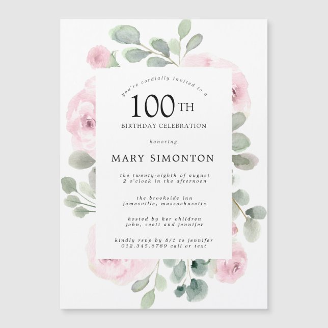 Invitation Magnétique Rose rose florale Eucalyptus 100e fête d'anniversa (Devant)