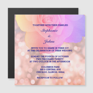 Invitation Magnétique Rose Rose Rose Gold Bokeh Navy Blue Floral Parties