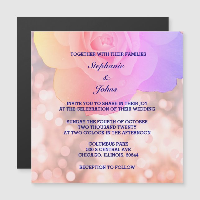 Invitation Magnétique Rose Rose Rose Gold Bokeh Navy Blue Floral Parties (Devant / Derrière)