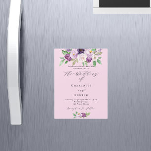 Invitation Magnétique Rose violet fleurs vert script luxe mariage