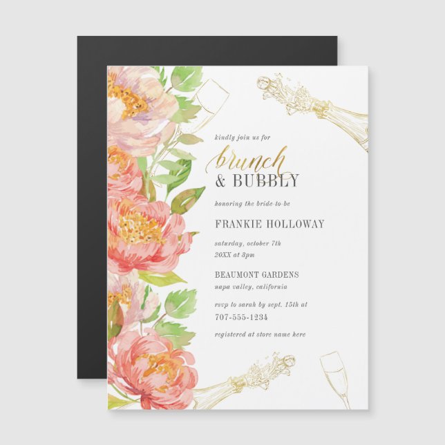 Invitation Magnétique Roses aquarelle | Fête des mariées Brunch & Bubbly (Devant / Derrière)