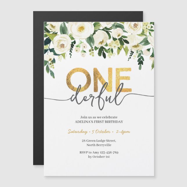 Invitation Magnétique Roses blanches et or UN anniversaire délirant Invi (Devant / Derrière)