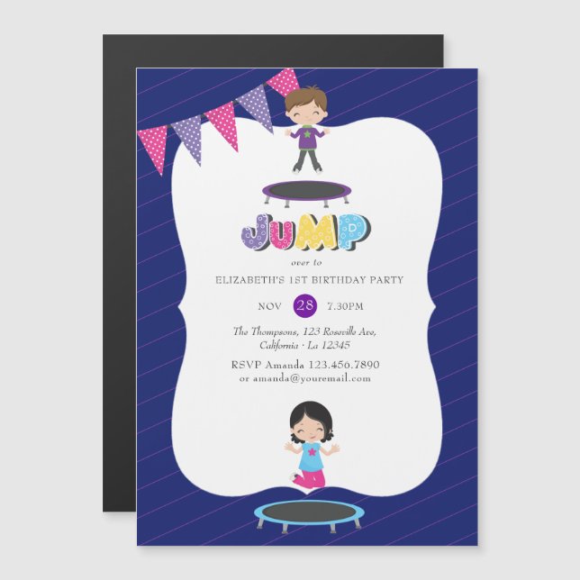 Invitation Magnétique Royal Purple et Blue Trampoline fête d'anniversair (Devant / Derrière)