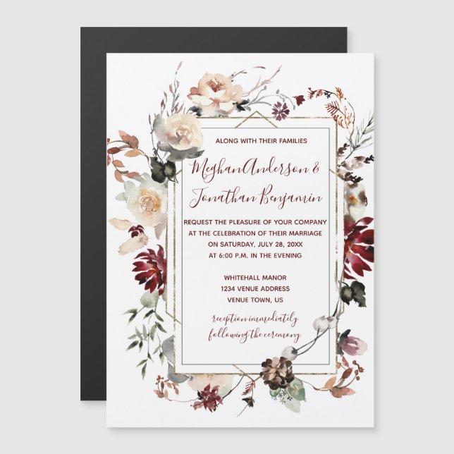 Invitation Magnétique Russe Fleur d'hiver Floral Bourgogne Mariage | (Devant / Derrière)