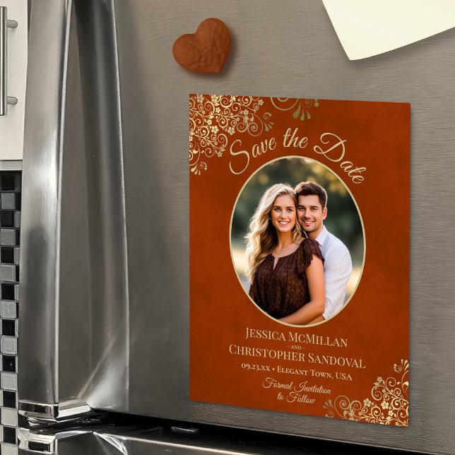 Invitation Magnétique Rust Orange & Gold Wedding Save Date Oval Photo (Magnetic Back for Easy Display!)