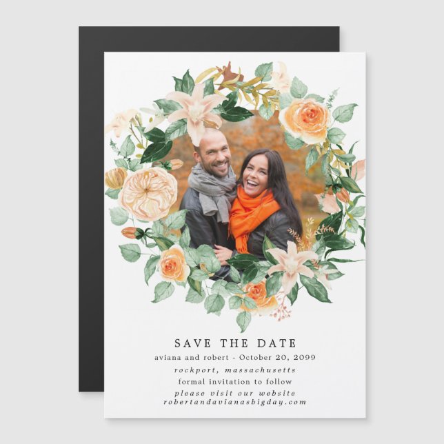 Invitation Magnétique Rustic Autumn Wreath Photo Wedding Enregistrer La  (Devant / Derrière)