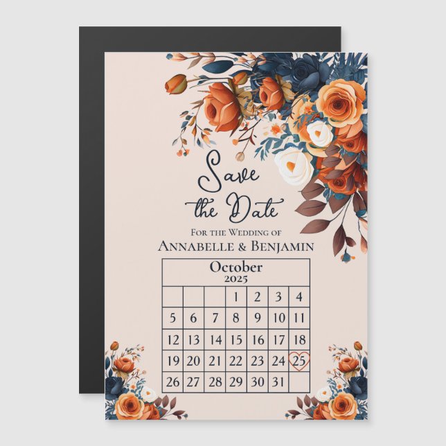 Invitation Magnétique Rustic Burnt Orange et Blue Wedding Enregistrer la (Devant / Derrière)