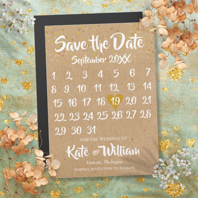 Invitation Magnétique Rustic Kraft Love Heart Calendrier Enregistrer la  (Rustic Kraft Love Heart Calendar Save the Date Magnetic Invitation)