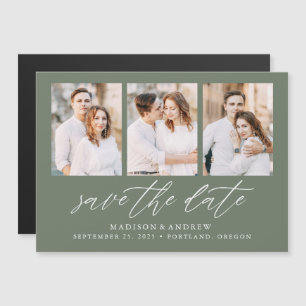 Invitation Magnétique Sage Green Elegant Script 3 Photo Enregistrer la d