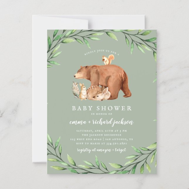Invitation Magnétique Sage Woodland Green Forest Animaux Baby shower (Recto)