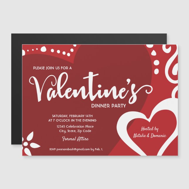 Invitation Magnétique Saint Valentin Rouge et blanc Coeur moderne (Devant / Derrière)