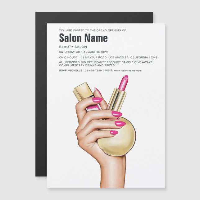 Invitation Magnétique Salon de beauté chic rose et or Glam Ouverture (Devant / Derrière)
