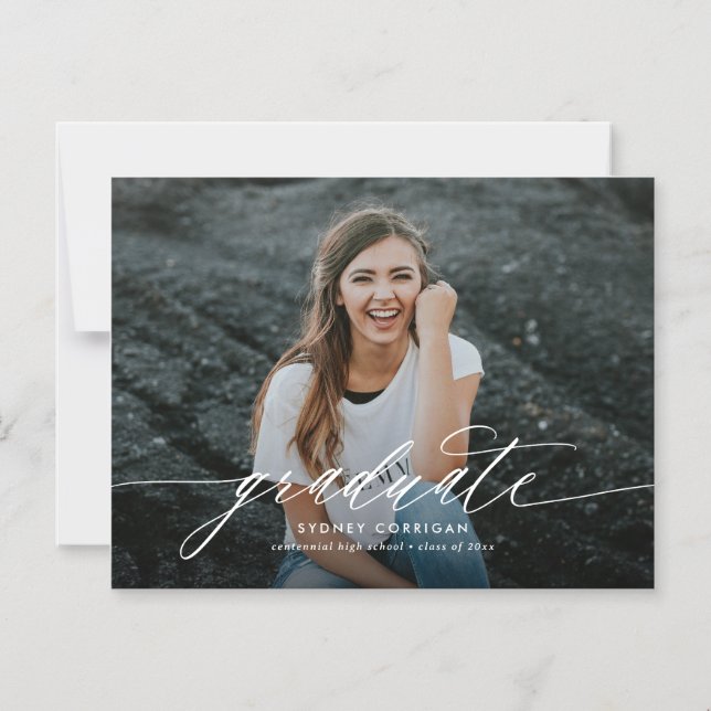 Invitation Magnétique Script de calligraphie moderne Graduation photo mi (Recto)