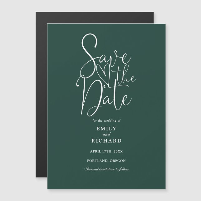 Invitation Magnétique Script moderne Emerald Green Wedding Enregistrer L (Devant / Derrière)