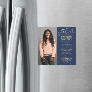 Invitation Magnétique Script moderne Marine Bleu & Or 1 Diplôme photo