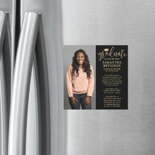 Invitation Magnétique Script moderne Noir et Or 1 Diplôme photo