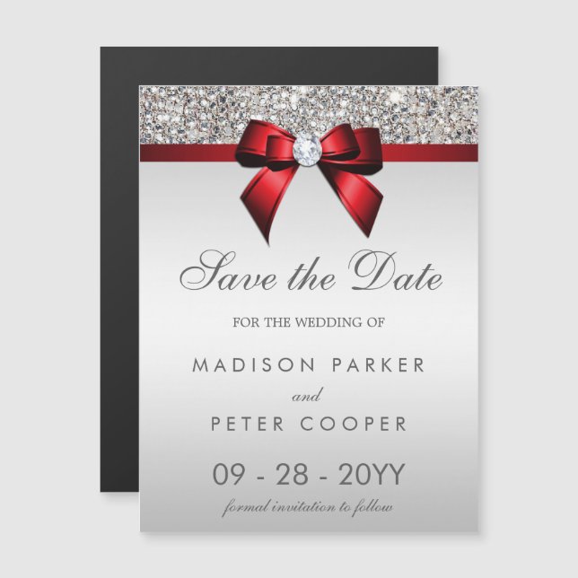 Invitation Magnétique Séquins Argent Bow Rouge Enregistrer Le Mariage Da (Devant / Derrière)