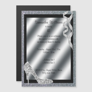 Invitation Magnétique Silver Glittery Stiletto & Streamers 18e anniversa