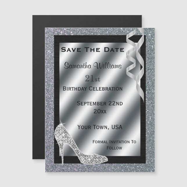 Invitation Magnétique Silver Glittery Stiletto & Streamers 21e anniversa (Devant / Derrière)