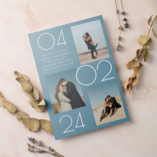 Invitation Magnétique Simple Blue 3 Photo Wedding Enregistrer La Date