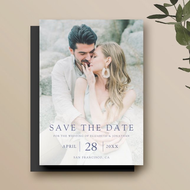 Invitation Magnétique Simple Elegant Bleu Texte Enregistrer la photo Dat (Créateur téléchargé)