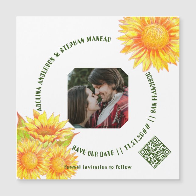 Invitation Magnétique Simple One Photo Rustique Sunflower QR CODE Site W (Devant)