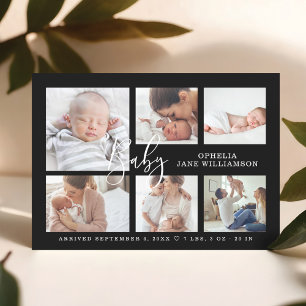 Invitation Magnétique Simple Script Baby Birth Photo Collage noir