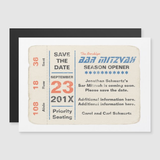 Invitation Magnétique Sports Star Bar Mitzvah Enregistrer la date Bleu (Devant / Derrière)