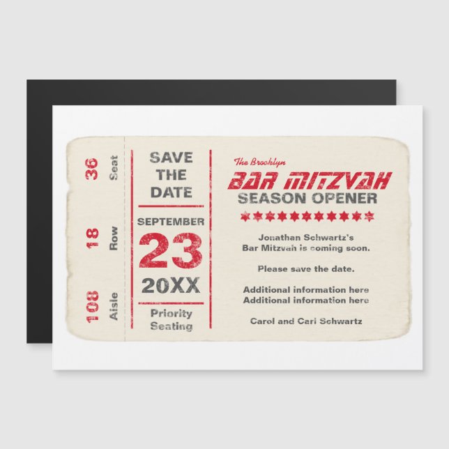 Invitation Magnétique Sports Star Bar Mitzvah Enregistrer la date Rouge (Devant / Derrière)