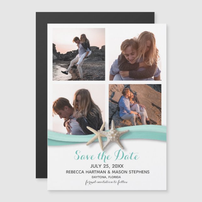 Invitation Magnétique Starfish Beach Wedding Multi Photo Enregistrer La  (Devant / Derrière)