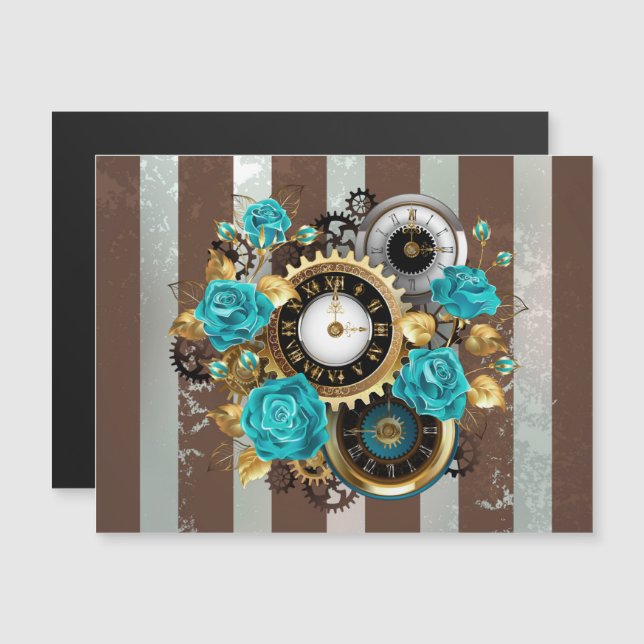 Invitation Magnétique Steampunk Clock and Turquoise Roses on Striped (Devant / Derrière)