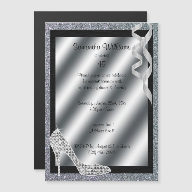 Invitation Magnétique Stiletto et Streamers de la Glittery 45e anniversa (Devant / Derrière)