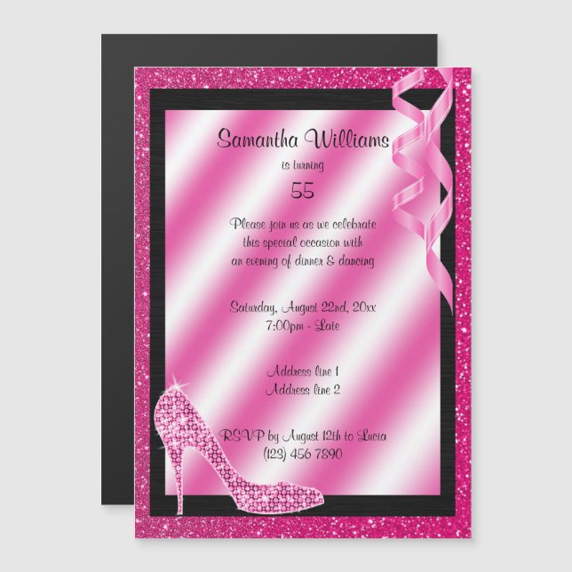 Invitation Magnétique Stiletto et Streamers rose Glittery 55e anniversai (Devant / Derrière)