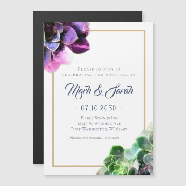 Invitation Magnétique Succulents violets avec Mariage de ligne de bronza (Devant / Derrière)