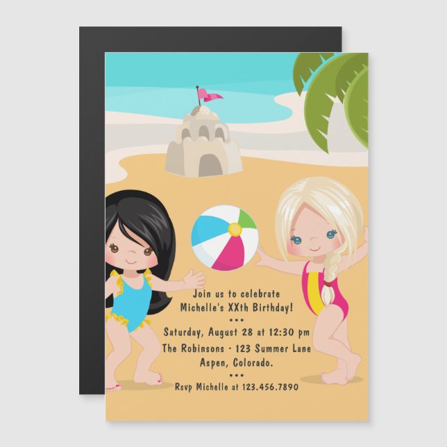 Invitation Magnétique Summer Beach Fille fête d'anniversaire (Devant / Derrière)