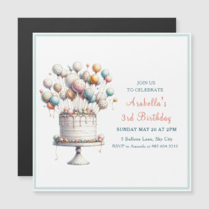 Invitation Magnétique Surréaliste, Ballons mignons et gâteau d'anniversa