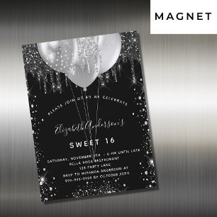 Invitation Magnétique Sweet 16 argent noir parties scintillant ballons d