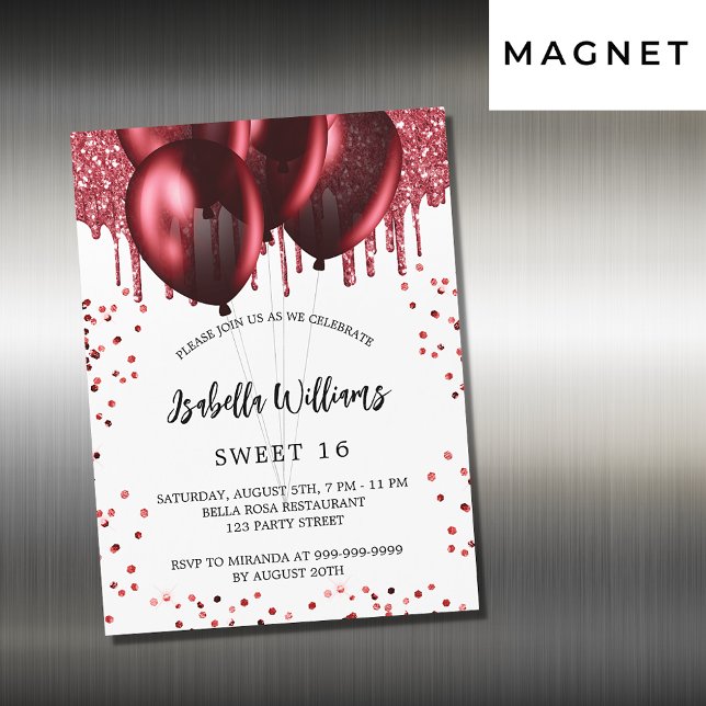 Invitation Magnétique Sweet 16 ballons rouges blanc luxe (Créateur téléchargé)