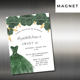 Invitation Magnétique Sweet 16 couleur vert émeraude robe luxe floral