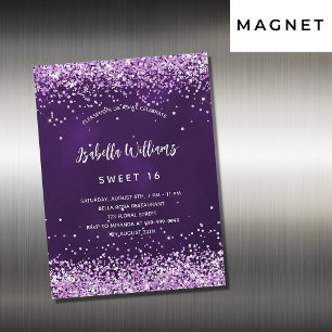 Invitation Magnétique Sweet 16 parties scintillant rose violet luxueux