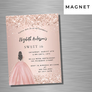 Invitation Magnétique Sweet 16 rose or parties scintillant robe luxe