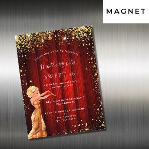 Invitation Magnétique Sweet 16 rouge or parties scintillant robe film lu