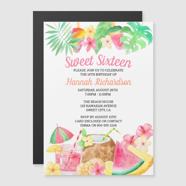 Invitation Magnétique Sweet 16 Tropical Birthday Party Hawaiian thème (Devant / Derrière)