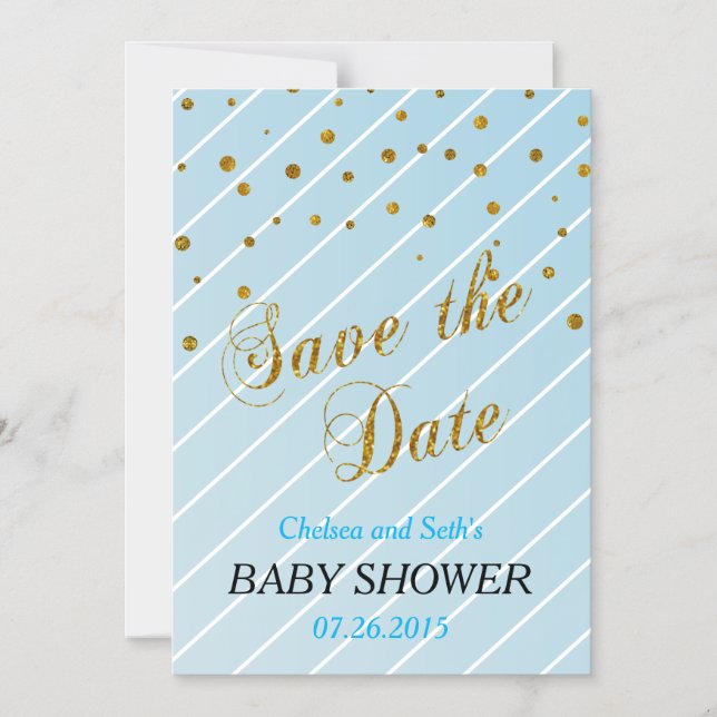 Invitation Magnétique Sweet Baby Boy Blue & Gold Confetti | BABY SHOWER (Recto)