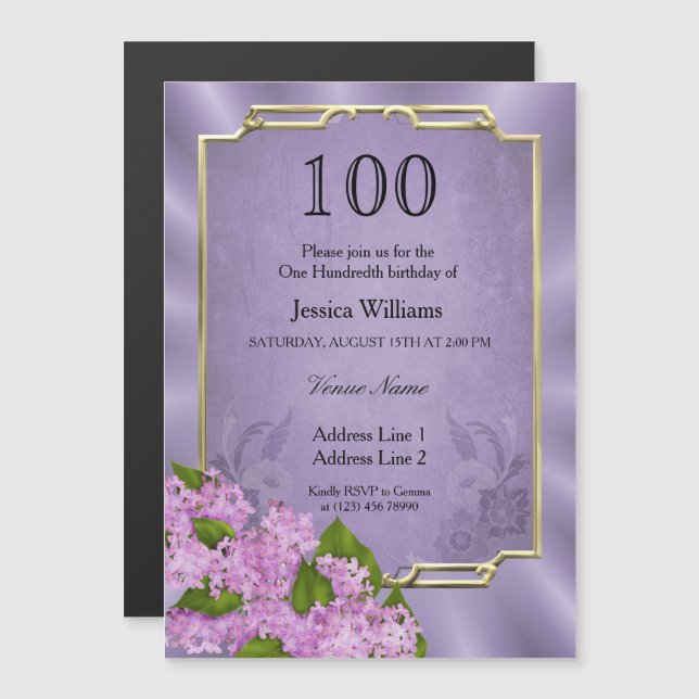 Invitation Magnétique Tapisserie Mauve encadrée d'or élégant 100e annive (Devant / Derrière)