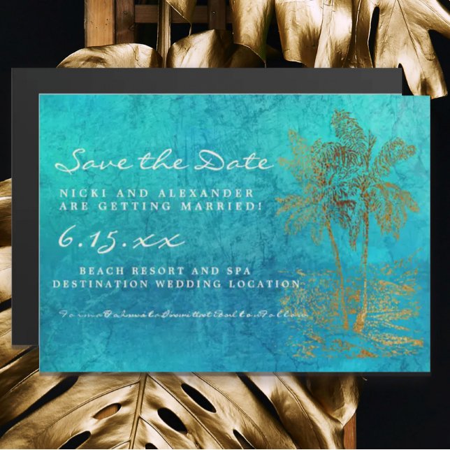 Invitation Magnétique Teal Gold Palm Trees Mariage Save Date (Créateur téléchargé)
