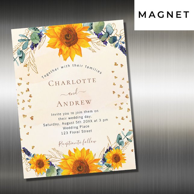 Invitation Magnétique Tournesol eucalyptus or coeur mariage de luxe (Créateur téléchargé)