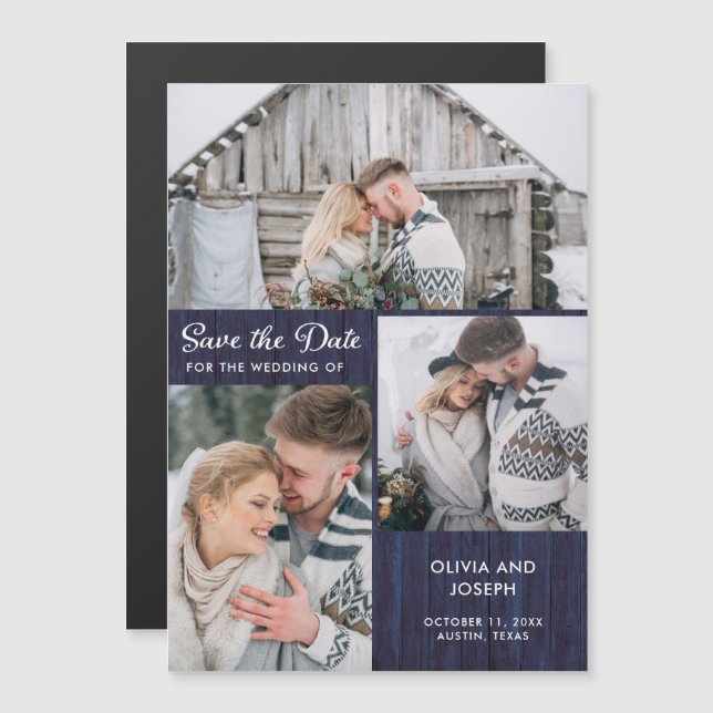 Invitation Magnétique Trois photos sauvent la date| Bois bleu rustique (Devant / Derrière)